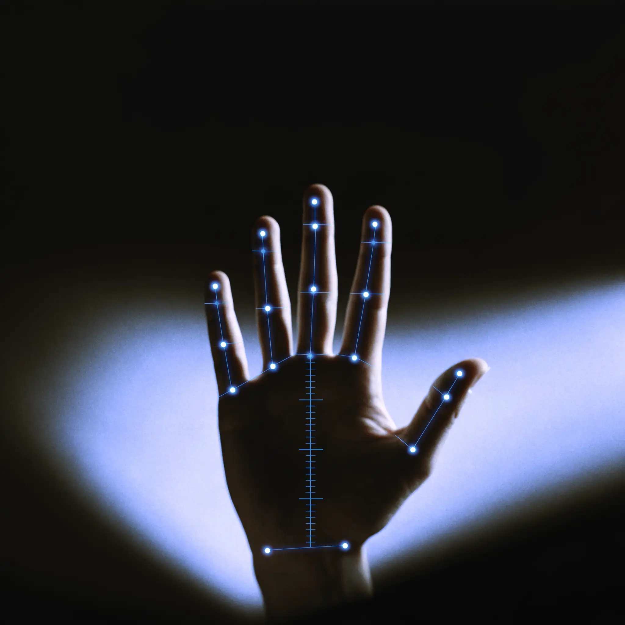 An open palm with hand-tracking landmarks