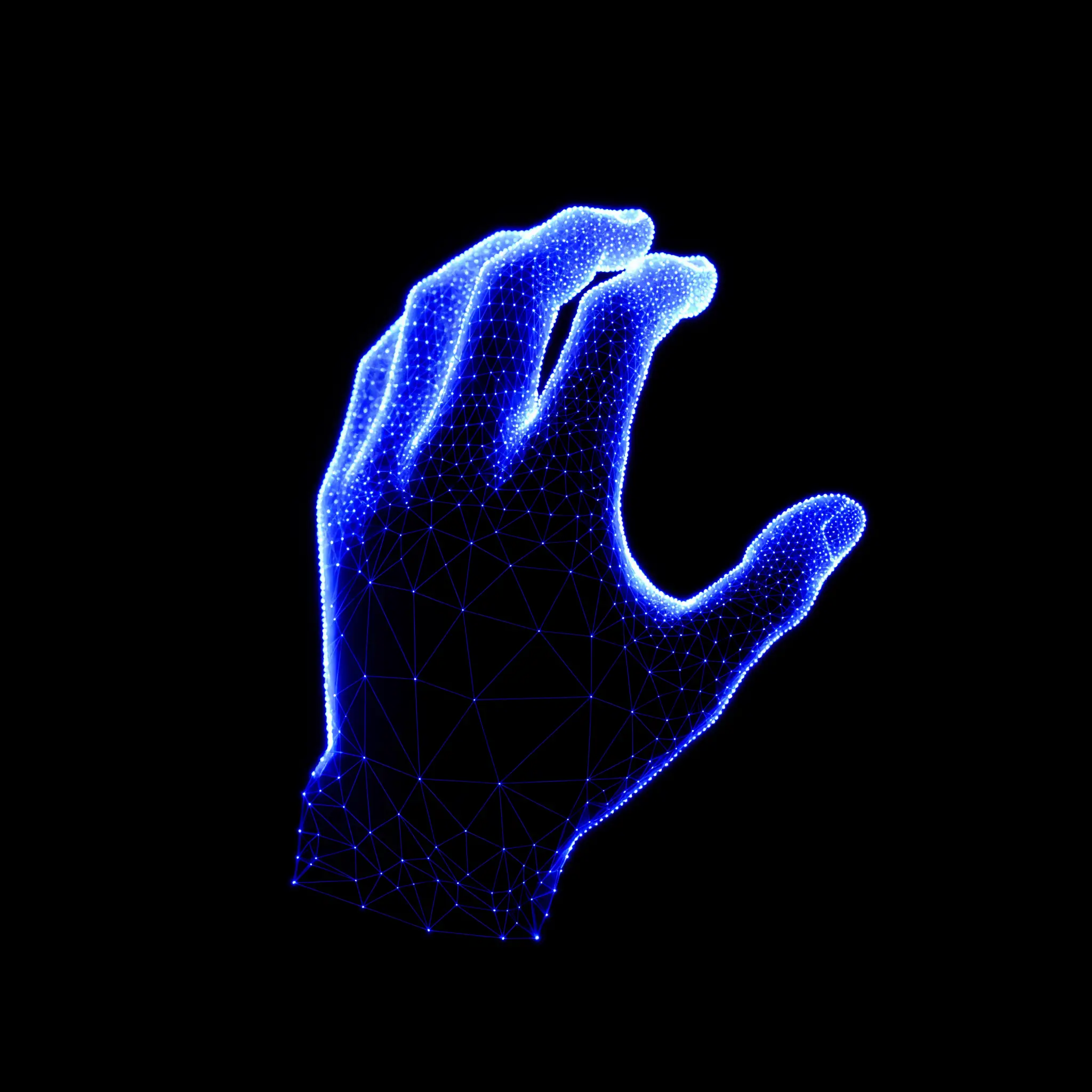 A hand rendered as a 3D point cloud of electric-blue measurement landmarks