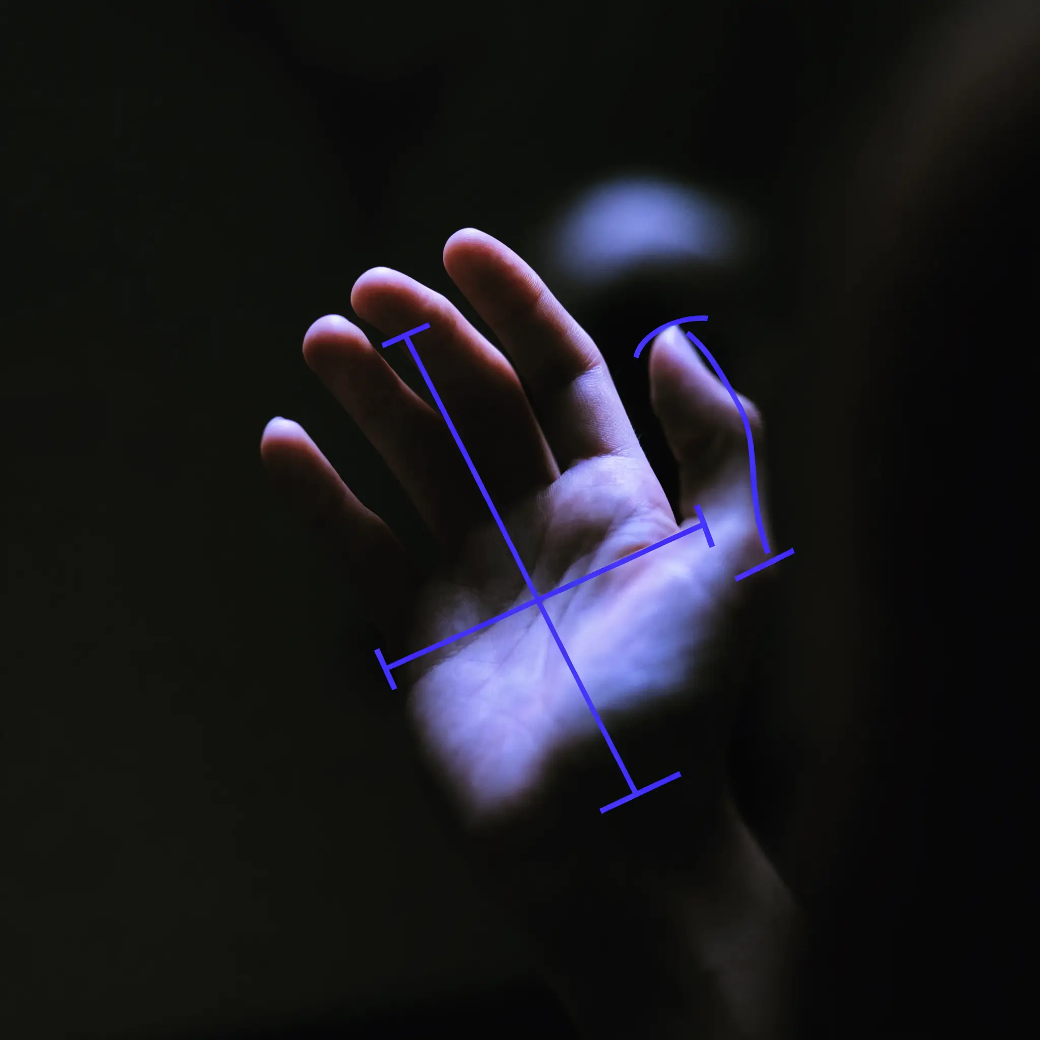A stylized hand with electric-blue measurement lines